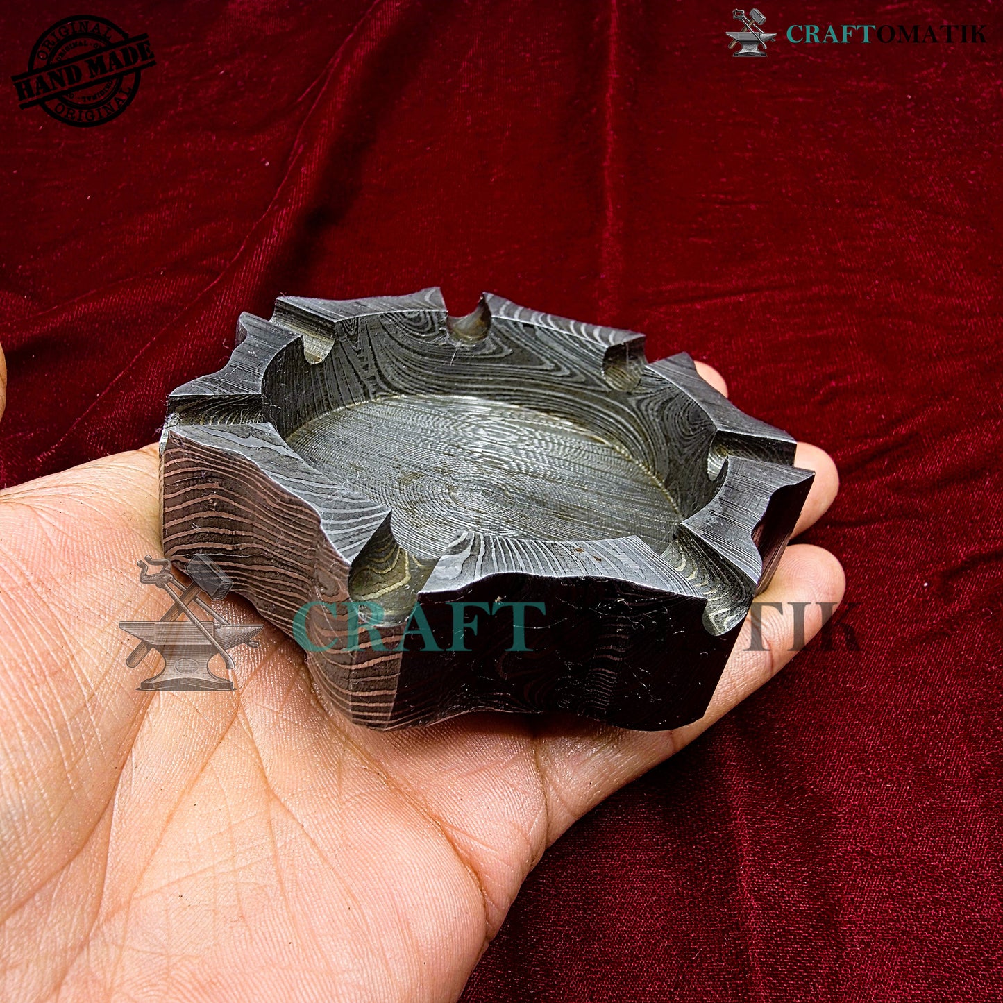 Damascus Steel Ashtray | Handcrafted Gift for Smokers | Royal Home Decor | Collector item for Smokers | Damascus Ashtray | DAT03
