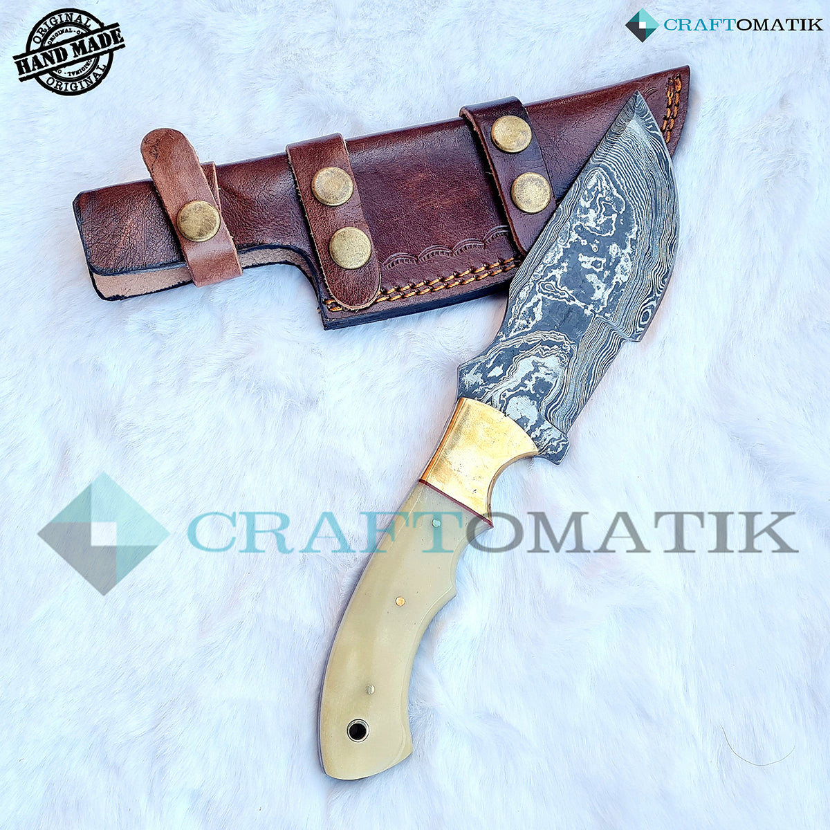 Damast Trekker Messer - Camel