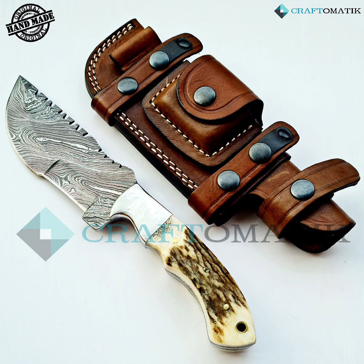 Damast Trekker Messer - Hirsch