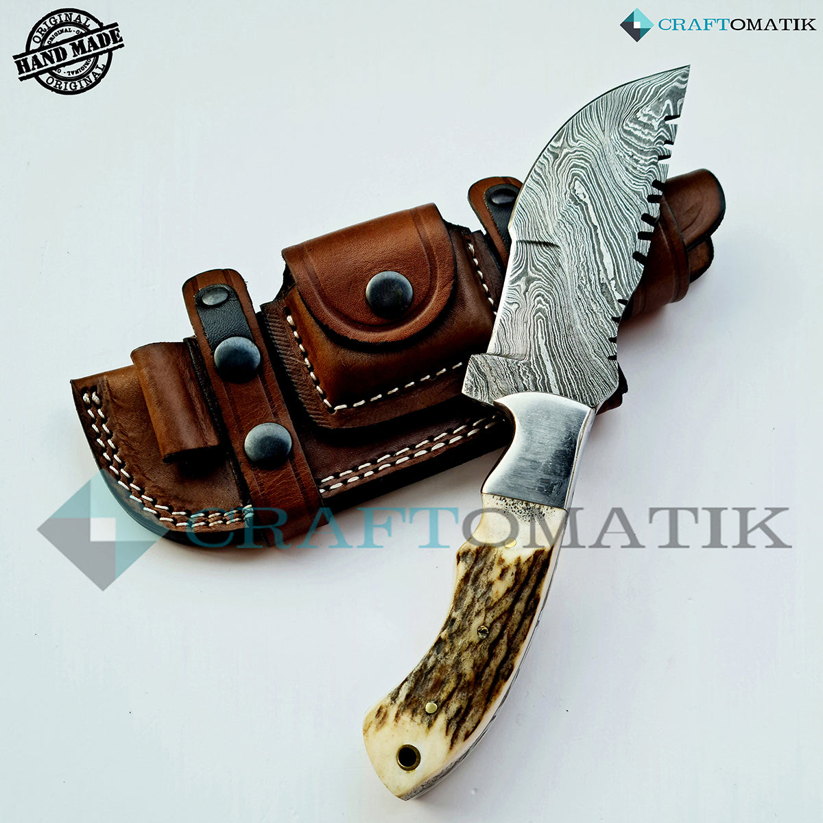 Damast Trekker Messer - Hirsch