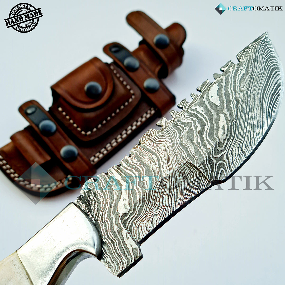 Damast Trekker Messer - Hirsch