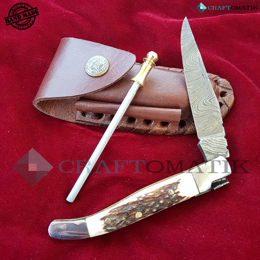 Laguiole Damascus Folding Knife | Pocket Knife Jack Knife | Deer Stag, Steel, Brass Pins Grip| Handmade Damascus Outdoor Camping Knife | FK03