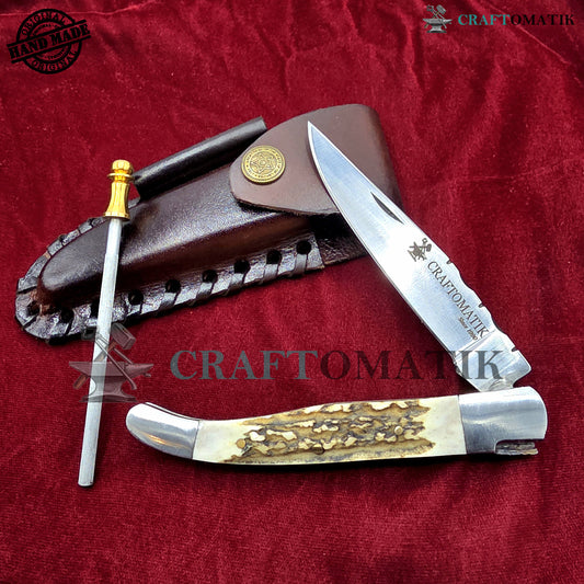 Steel Folding Knife | Pocket Knife Jack Knife | 440C Carbon Steel Blade | Deer Stag Grip | Handmade Outdoor Camping Knife | FK03S