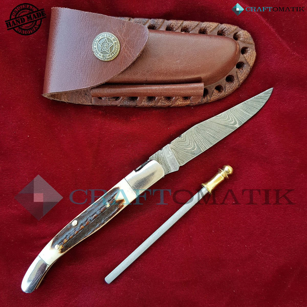 Laguiole Damascus Folding Knife | Pocket Knife Jack Knife | Deer Stag, Steel, Brass Pins Grip| Handmade Damascus Outdoor Camping Knife | FK03