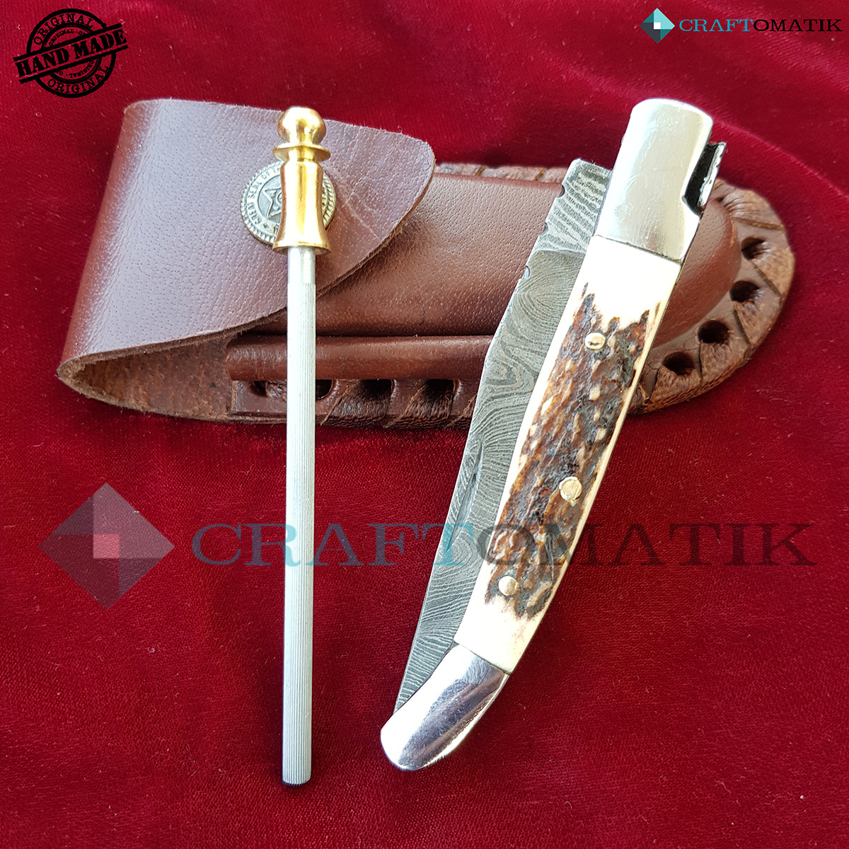 Laguiole Damascus Folding Knife | Pocket Knife Jack Knife | Deer Stag, Steel, Brass Pins Grip| Handmade Damascus Outdoor Camping Knife | FK03