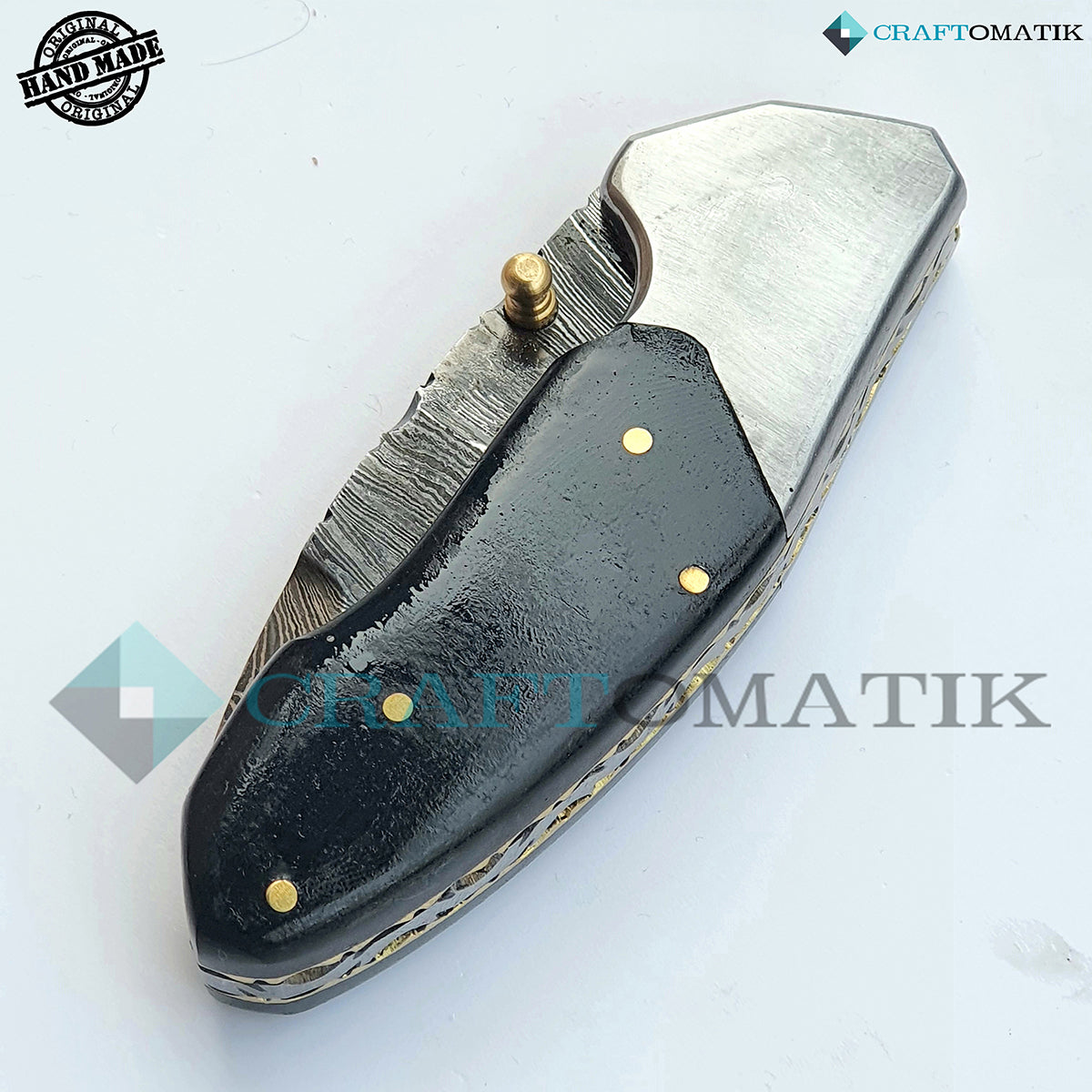 Damascus Folding Knife | Pocket Knife Jack Knife | Buffalo Horn, Steel, Brass Pins Grip | Handmade Damascus Outdoor Camping Knife | FK05