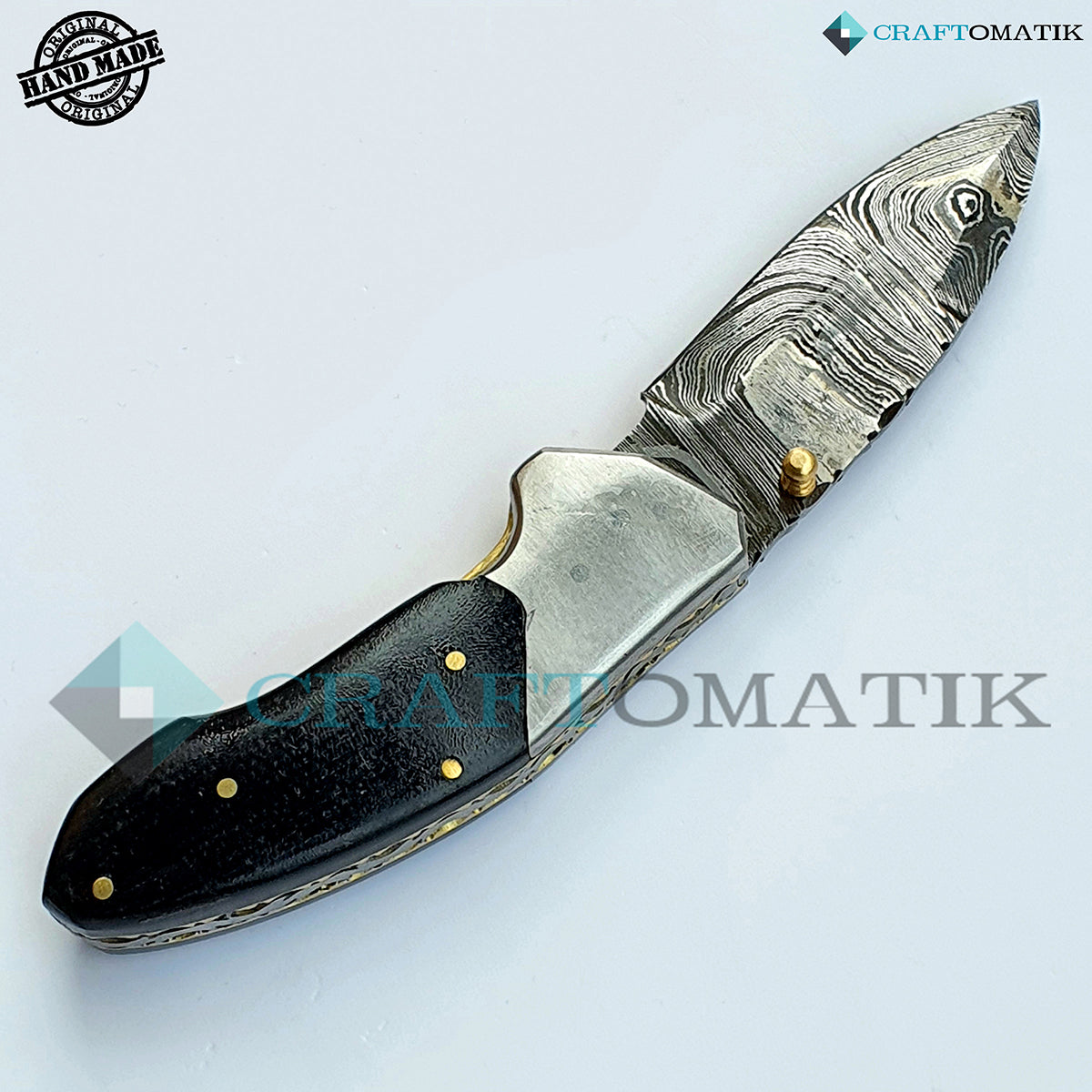 Damascus Folding Knife | Pocket Knife Jack Knife | Buffalo Horn, Steel, Brass Pins Grip | Handmade Damascus Outdoor Camping Knife | FK05