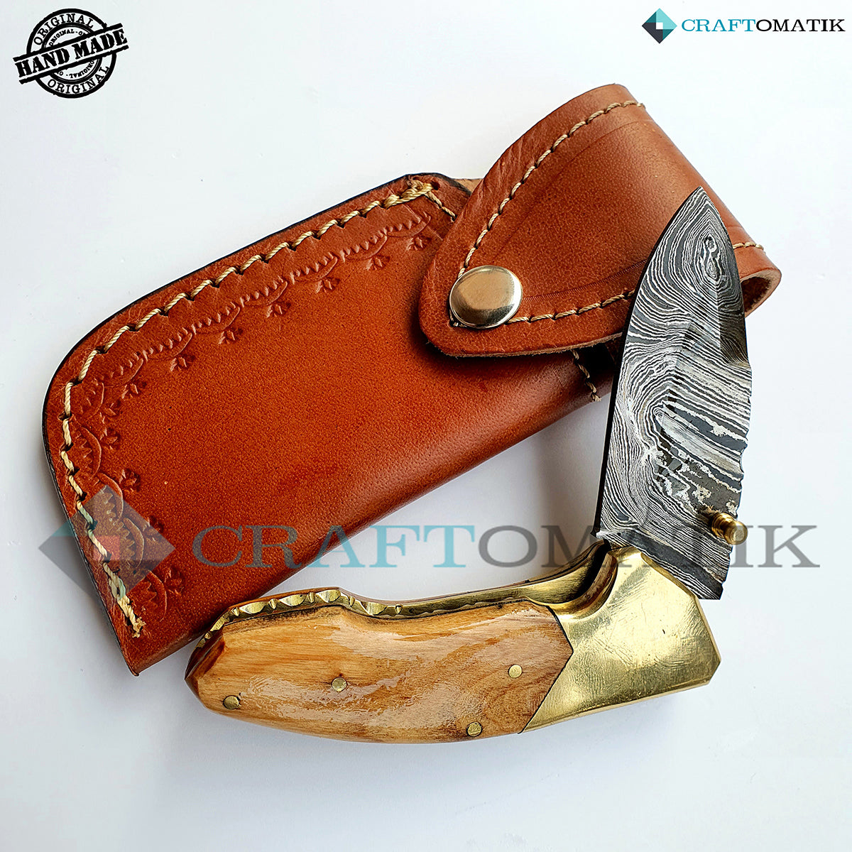 Damascus Folding Knife | Pocket Knife Jack Knife | Walnut Wood, Brass Grip | Handmade Damascus Outdoor Camping Knife | FK06