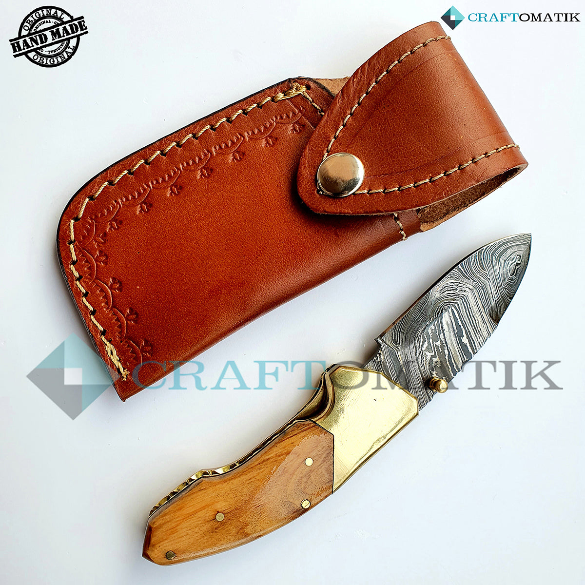 Damascus Folding Knife | Pocket Knife Jack Knife | Walnut Wood, Brass Grip | Handmade Damascus Outdoor Camping Knife | FK06