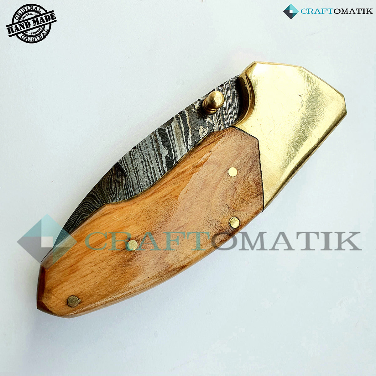 Damascus Folding Knife | Pocket Knife Jack Knife | Walnut Wood, Brass Grip | Handmade Damascus Outdoor Camping Knife | FK06