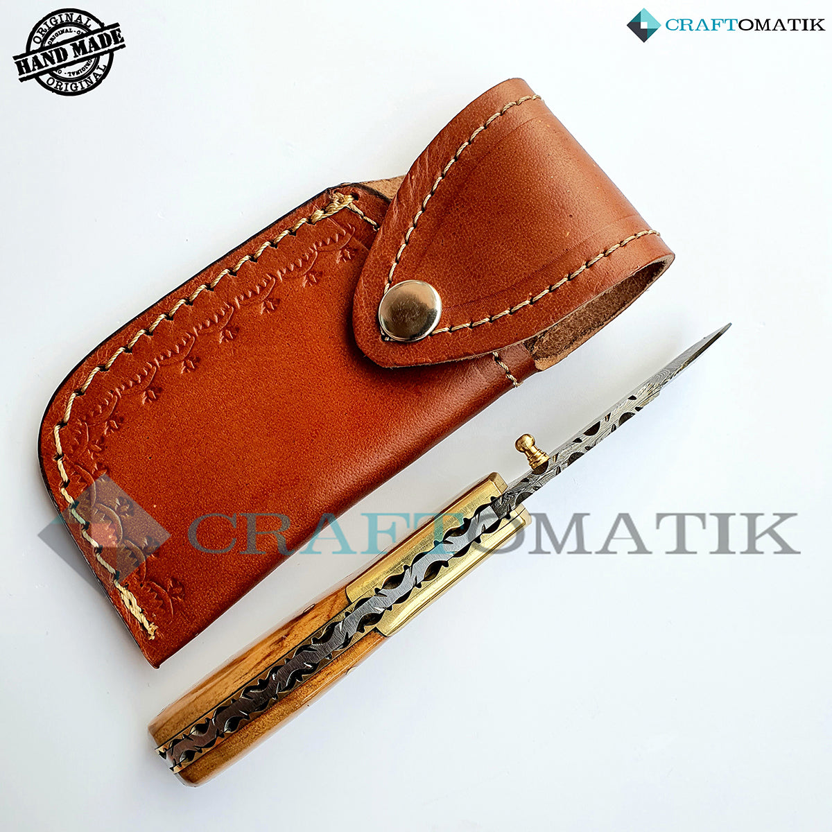 Damascus Folding Knife | Pocket Knife Jack Knife | Walnut Wood, Brass Grip | Handmade Damascus Outdoor Camping Knife | FK06