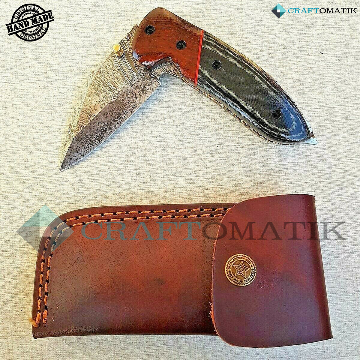 Damascus Folding Knife | Pocket Knife Jack Knife | Walnut Wood, Micarta Resin Grip | Handmade Damascus Outdoor Camping Knife | FK07