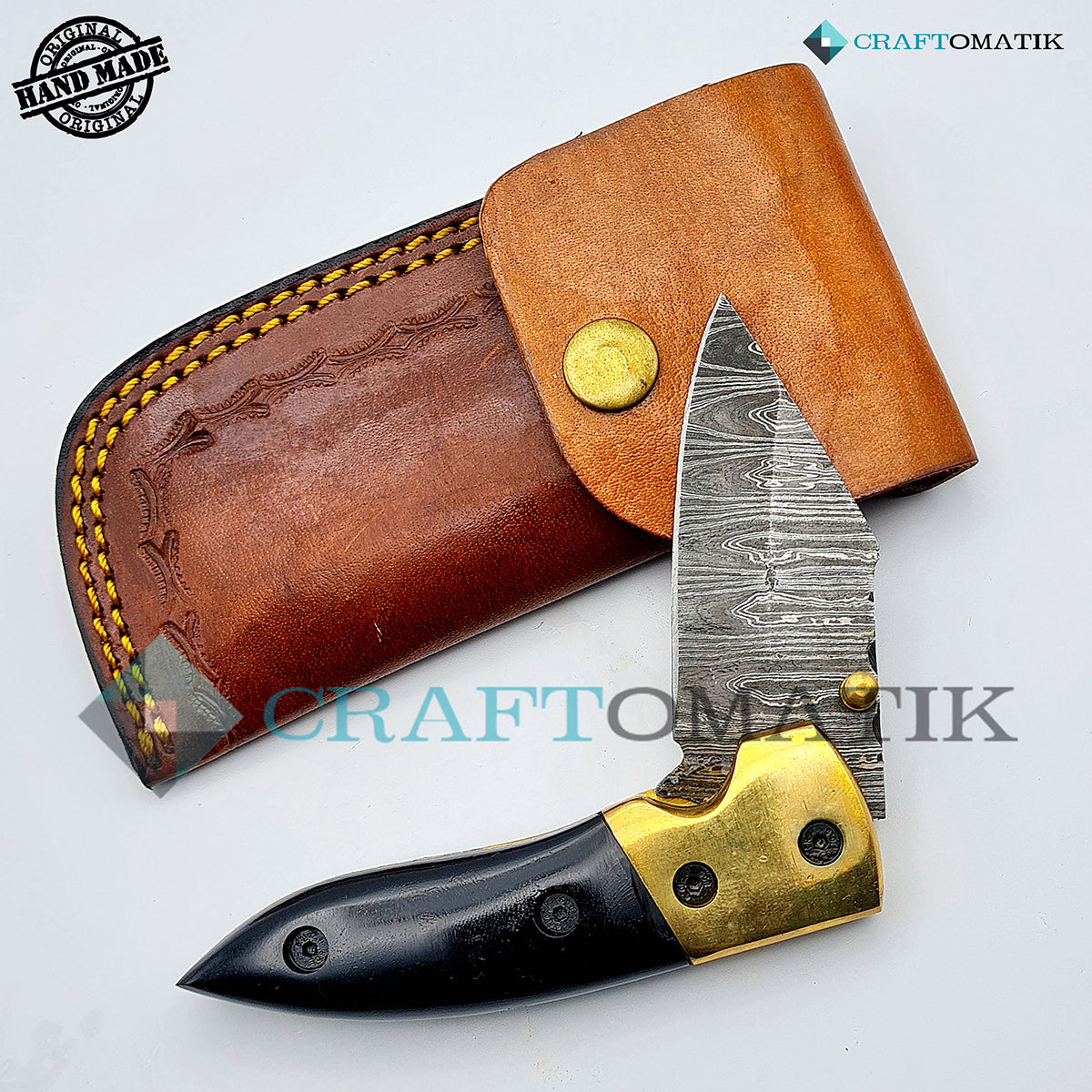 Damascus Folding Knife | Pocket Knife Jack Knife | Buffalo Horn, Brass Grip | Handmade Damascus Outdoor Camping Knife | FK08