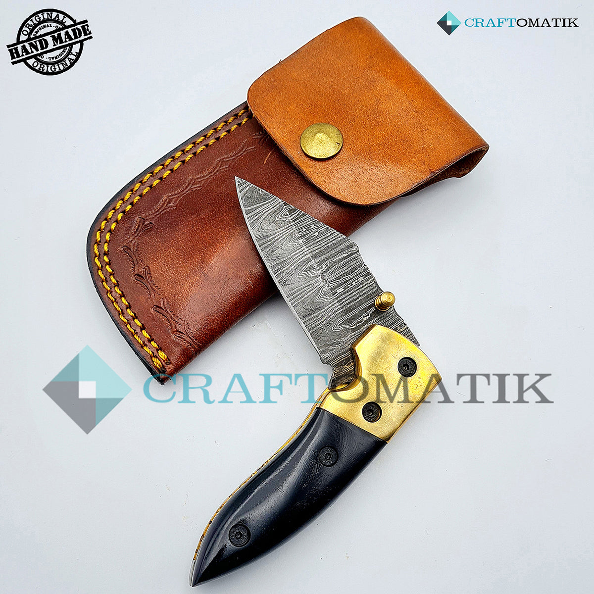 Damascus Folding Knife | Pocket Knife Jack Knife | Buffalo Horn, Brass Grip | Handmade Damascus Outdoor Camping Knife | FK08