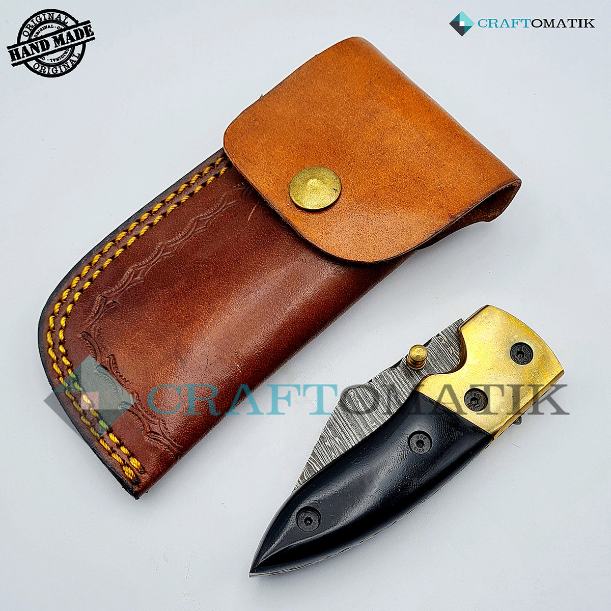 Damascus Folding Knife | Pocket Knife Jack Knife | Buffalo Horn, Brass Grip | Handmade Damascus Outdoor Camping Knife | FK08