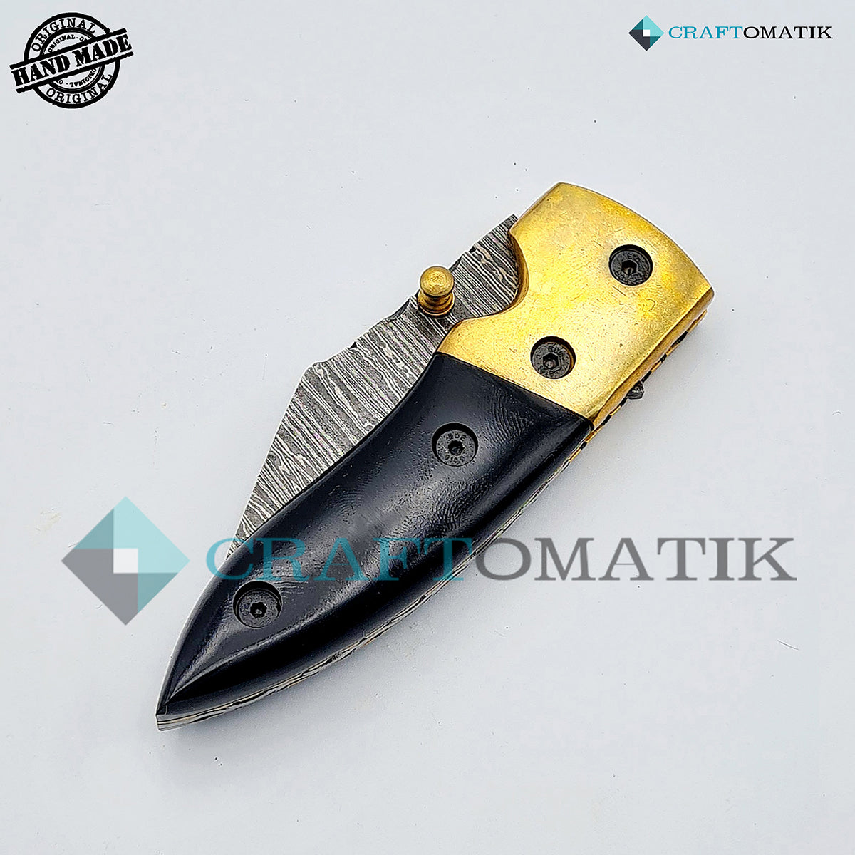 Damascus Folding Knife | Pocket Knife Jack Knife | Buffalo Horn, Brass Grip | Handmade Damascus Outdoor Camping Knife | FK08