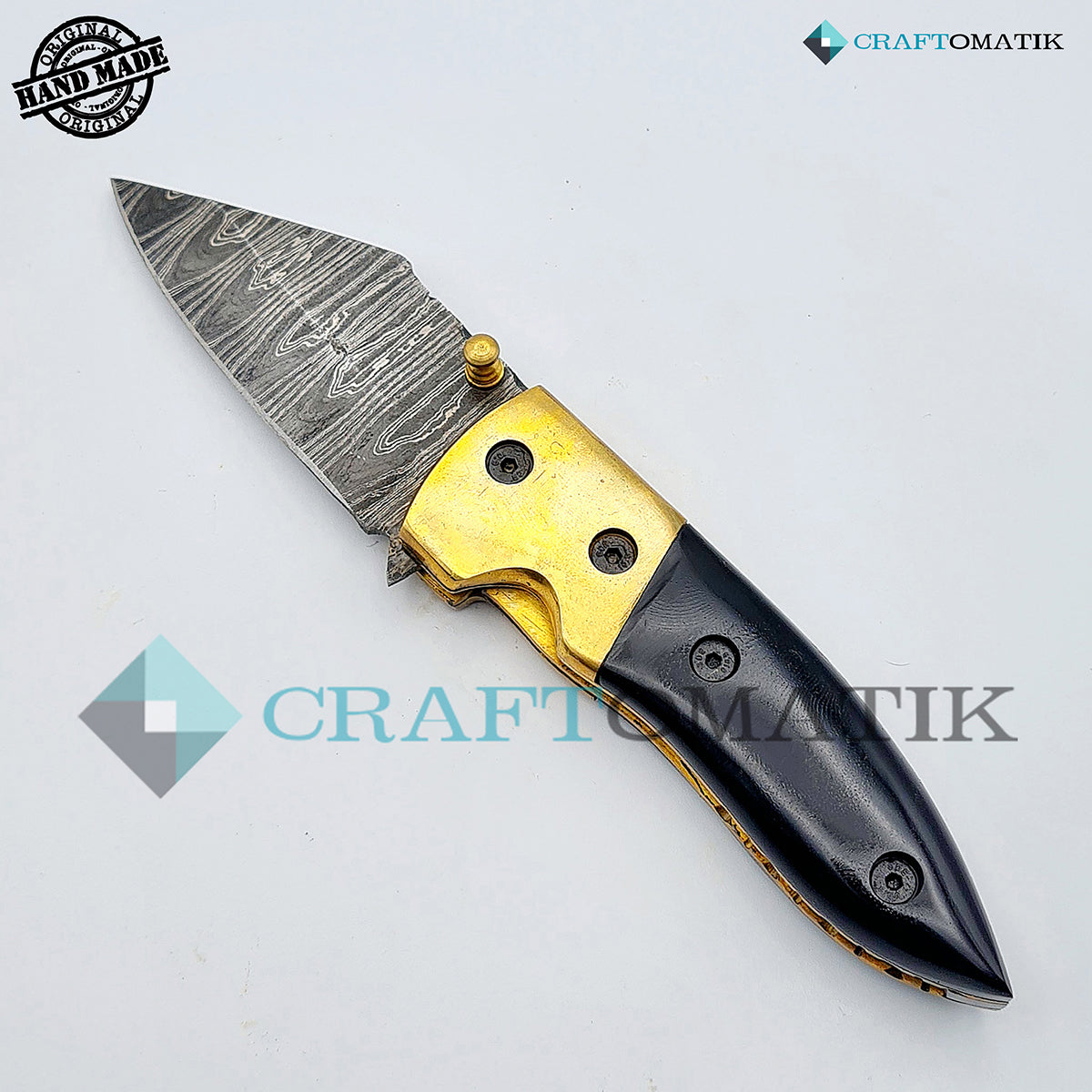 Damascus Folding Knife | Pocket Knife Jack Knife | Buffalo Horn, Brass Grip | Handmade Damascus Outdoor Camping Knife | FK08