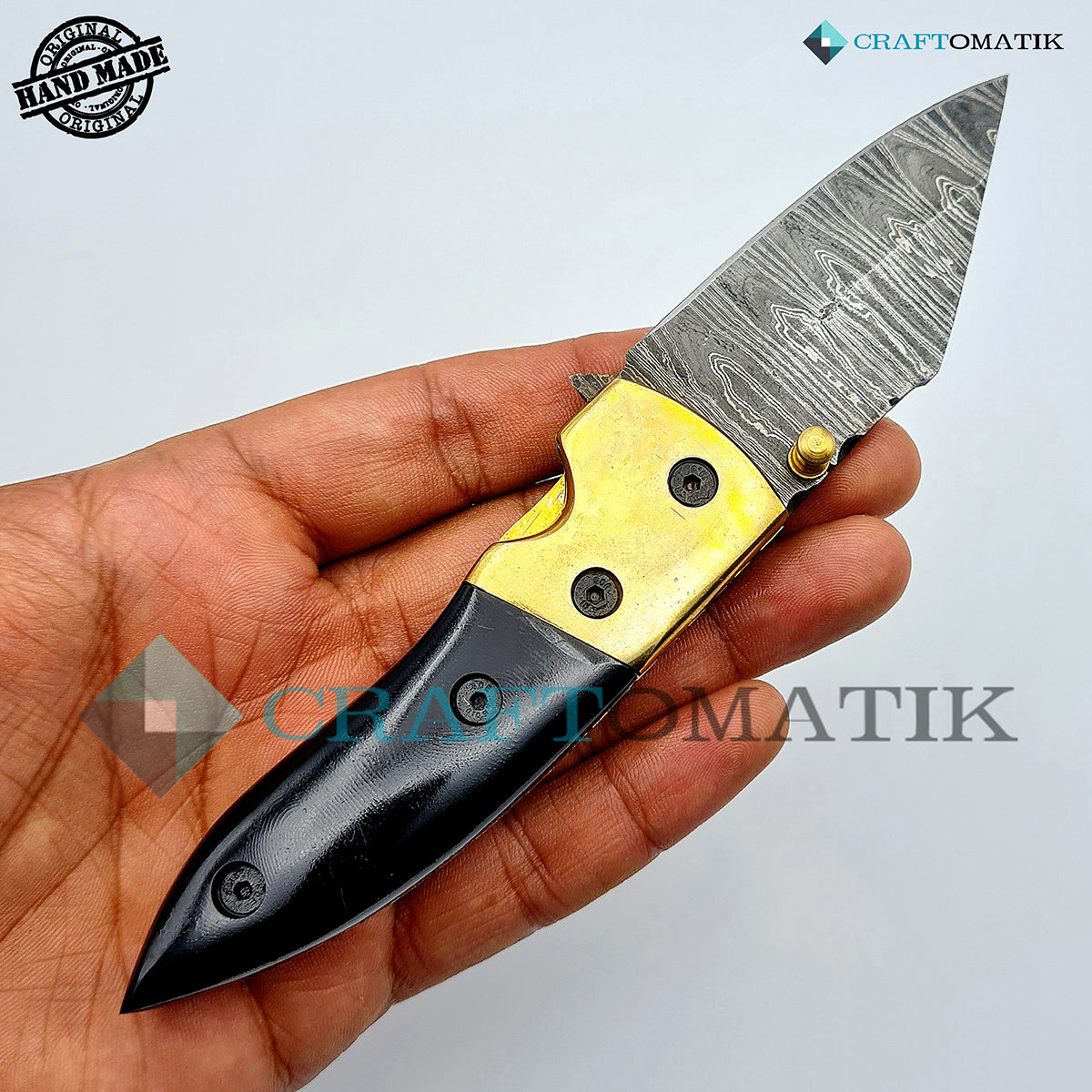 Damascus Folding Knife | Pocket Knife Jack Knife | Buffalo Horn, Brass Grip | Handmade Damascus Outdoor Camping Knife | FK08