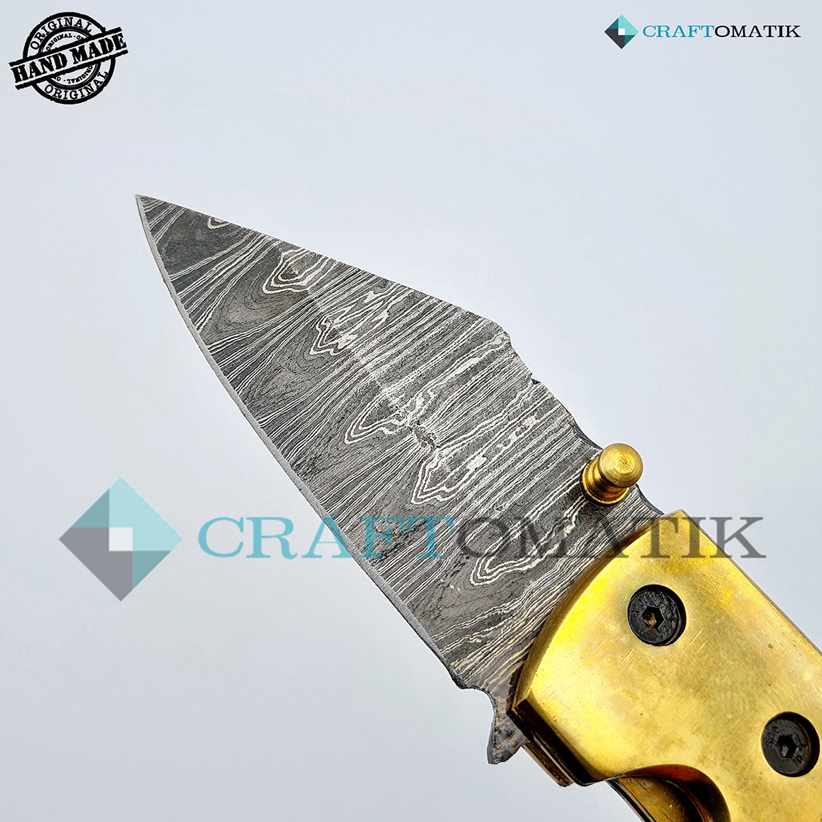 Damascus Folding Knife | Pocket Knife Jack Knife | Buffalo Horn, Brass Grip | Handmade Damascus Outdoor Camping Knife | FK08