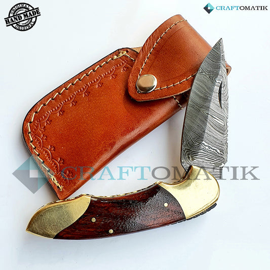 Damascus Folding Knife | Pocket Knife Jack Knife | Rose Wood, Steel, Brass Grip | Handmade Damascus Outdoor Camping Knife | FK09