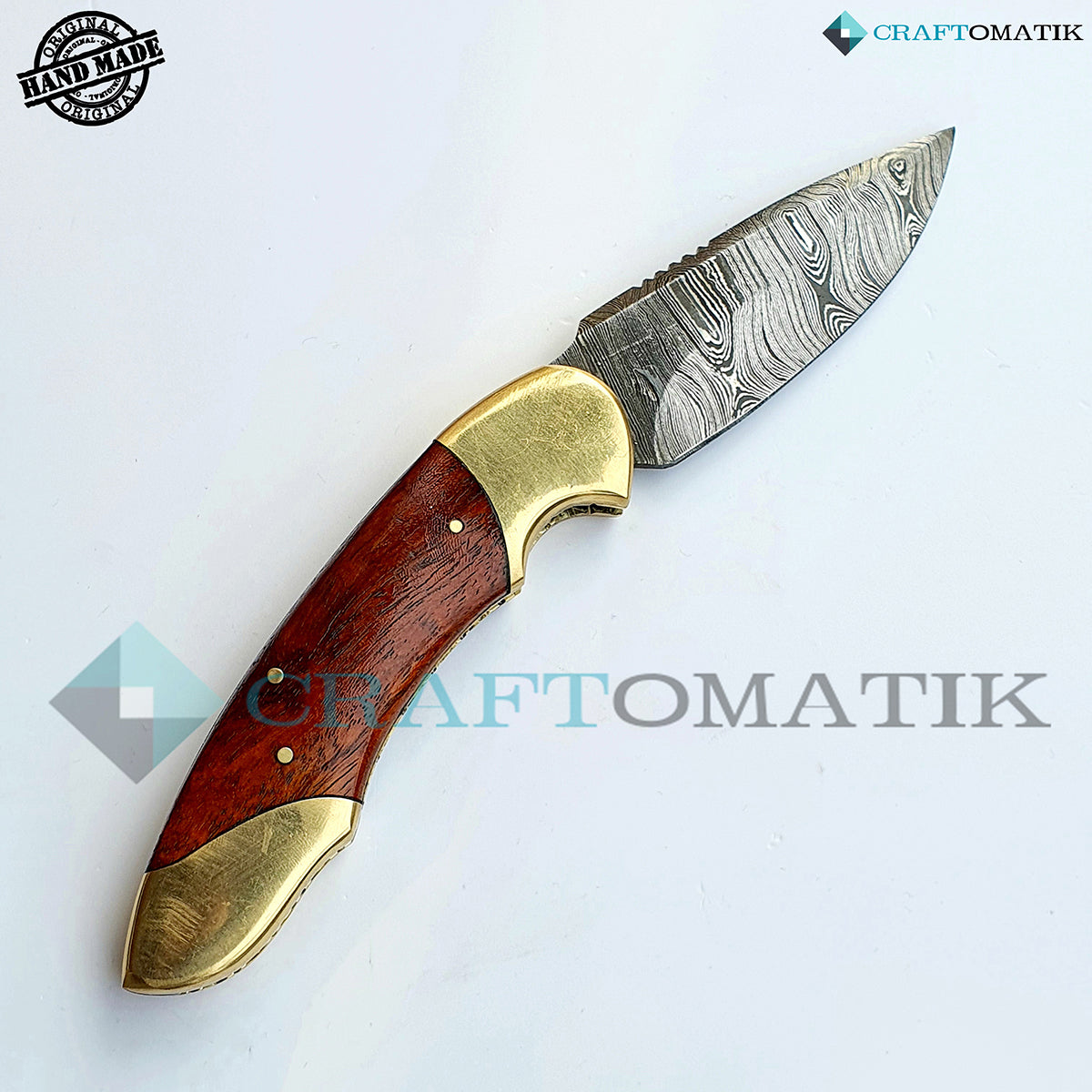 Damascus Folding Knife | Pocket Knife Jack Knife | Rose Wood, Steel, Brass Grip | Handmade Damascus Outdoor Camping Knife | FK09