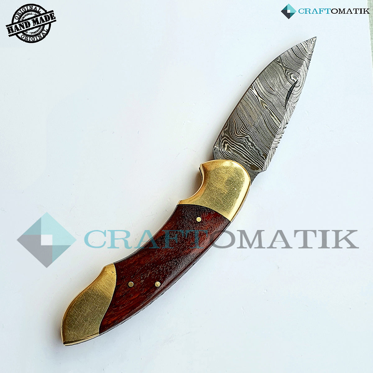 Damascus Folding Knife | Pocket Knife Jack Knife | Rose Wood, Steel, Brass Grip | Handmade Damascus Outdoor Camping Knife | FK09