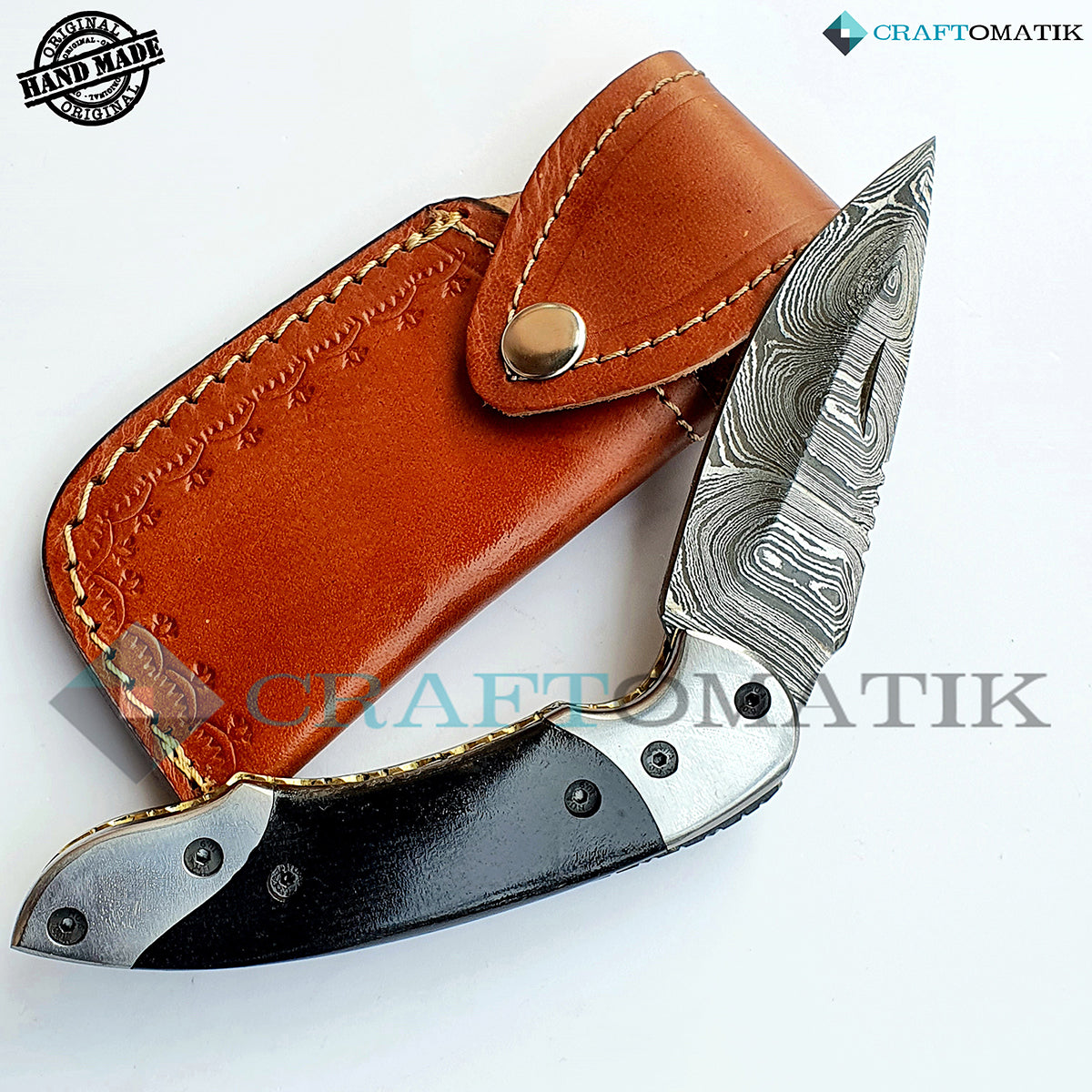 Damascus Folding Knife | Pocket Knife Jack Knife | Buffalo Horn, Steel Grip | Handmade Damascus Outdoor Camping Knife | FK10