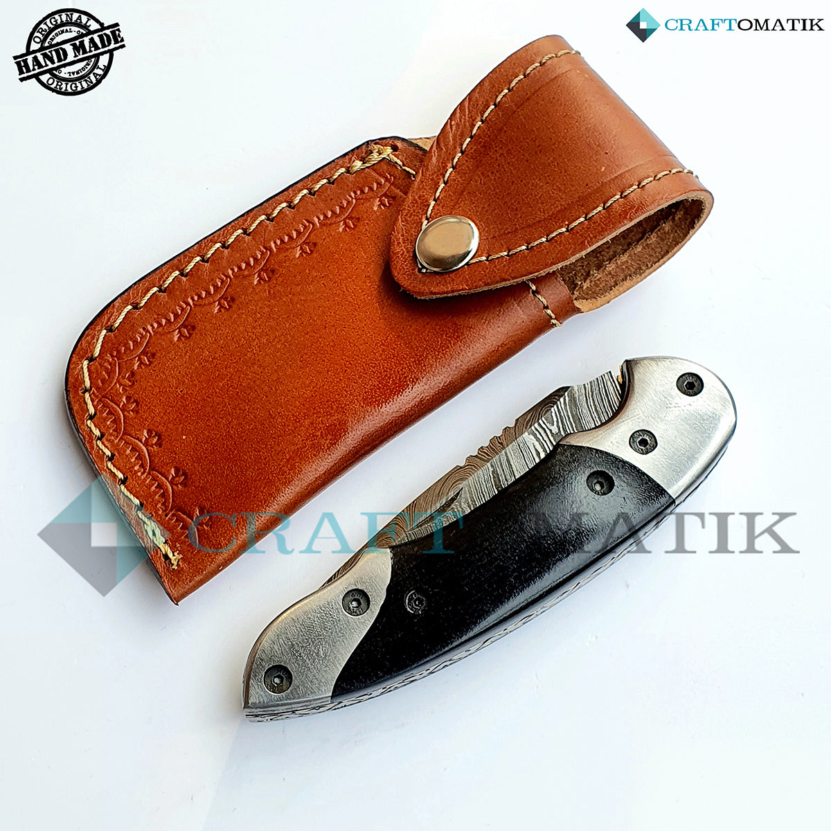 Damascus Folding Knife | Pocket Knife Jack Knife | Buffalo Horn, Steel Grip | Handmade Damascus Outdoor Camping Knife | FK10