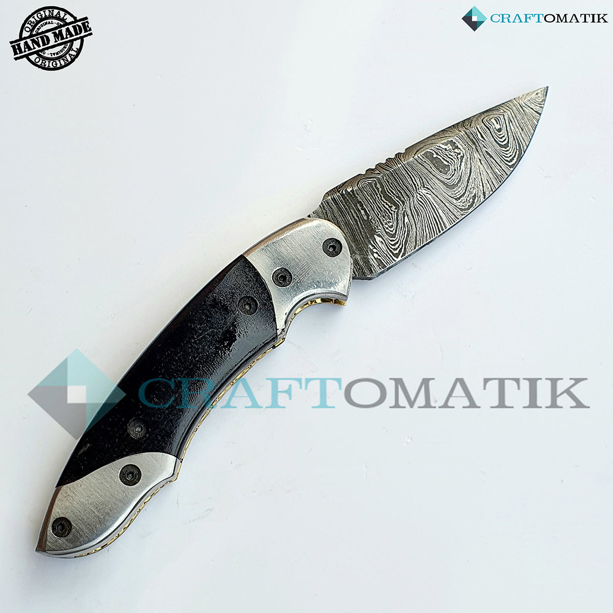 Damascus Folding Knife | Pocket Knife Jack Knife | Buffalo Horn, Steel Grip | Handmade Damascus Outdoor Camping Knife | FK10