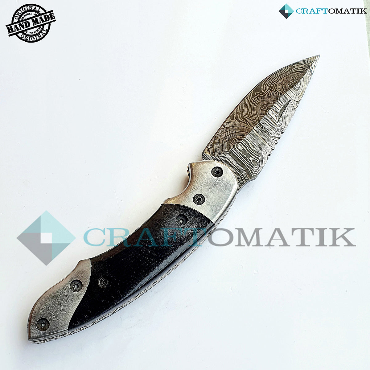 Damascus Folding Knife | Pocket Knife Jack Knife | Buffalo Horn, Steel Grip | Handmade Damascus Outdoor Camping Knife | FK10