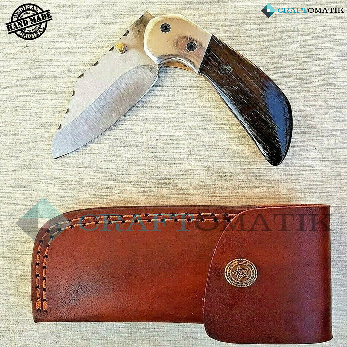 Steel Folding Knife | Pocket Knife Jack Knife | 1045C Carbon Steel Blade | Walnut Wood, Steel Grip | Handmade Outdoor Camping Knife | FK12