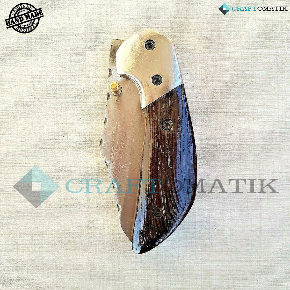 Steel Folding Knife | Pocket Knife Jack Knife | 1045C Carbon Steel Blade | Walnut Wood, Steel Grip | Handmade Outdoor Camping Knife | FK12