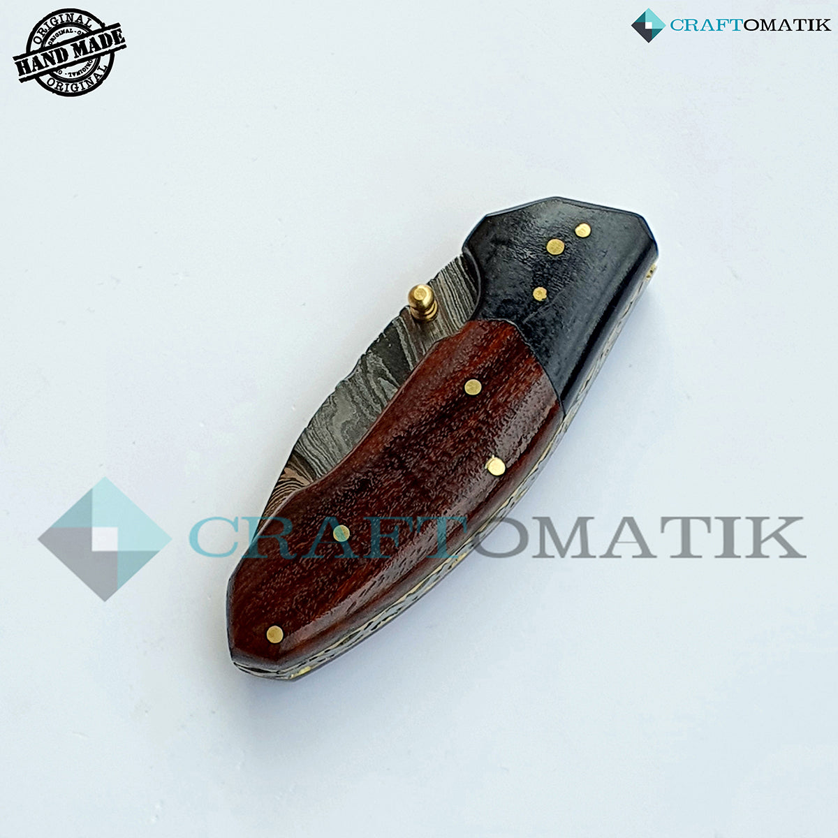 Damascus Folding Knife | Pocket Knife Jack Knife | Walnut Wood, Ebony Wood, Brass Pins Grip | Handmade Damascus Outdoor Camping Knife | FK13