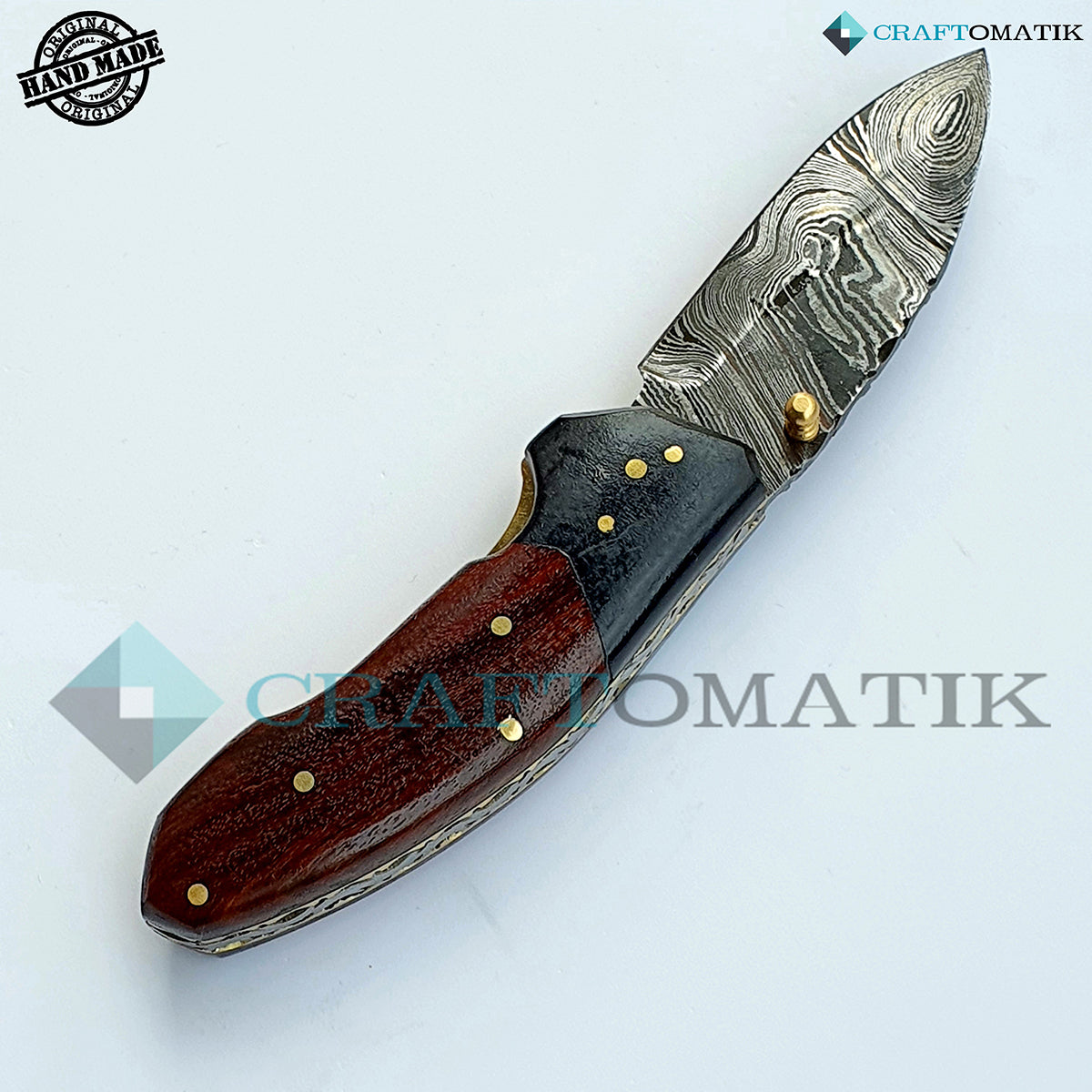 Damascus Folding Knife | Pocket Knife Jack Knife | Walnut Wood, Ebony Wood, Brass Pins Grip | Handmade Damascus Outdoor Camping Knife | FK13