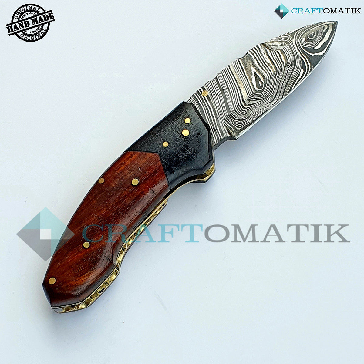 Damascus Folding Knife | Pocket Knife Jack Knife | Walnut Wood, Ebony Wood, Brass Pins Grip | Handmade Damascus Outdoor Camping Knife | FK13