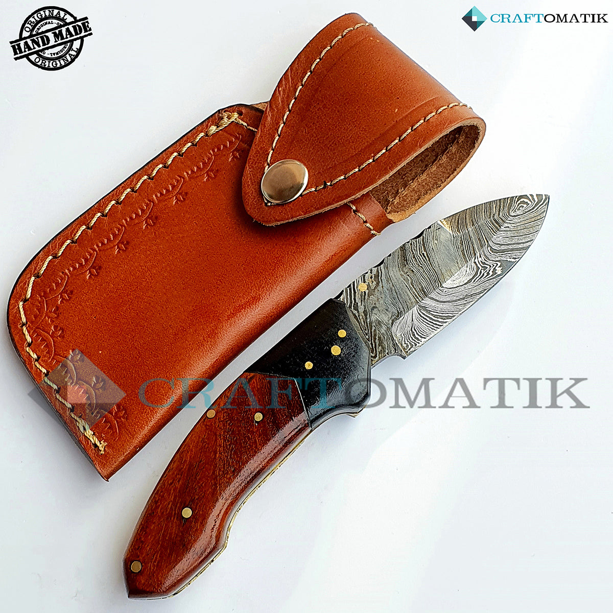 Damascus Folding Knife | Pocket Knife Jack Knife | Walnut Wood, Ebony Wood, Brass Pins Grip | Handmade Damascus Outdoor Camping Knife | FK13