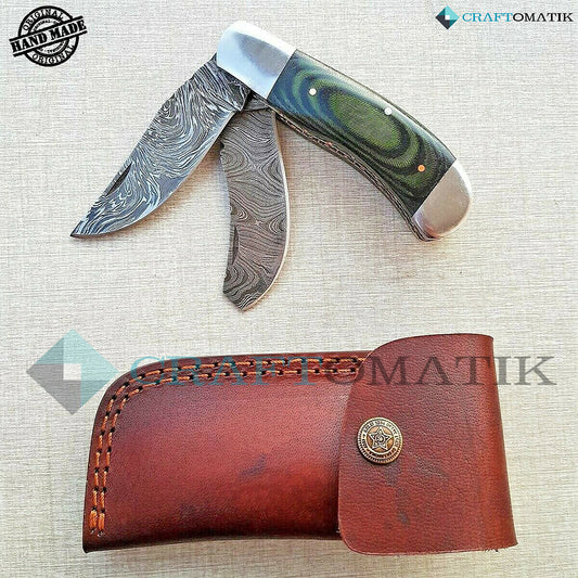 Two Blade Damascus Folding Knife | Pocket Knife Jack Knife | Micarta, Steel, Brass Pins Grip | Handmade Damascus Outdoor Camping Knife | FK18