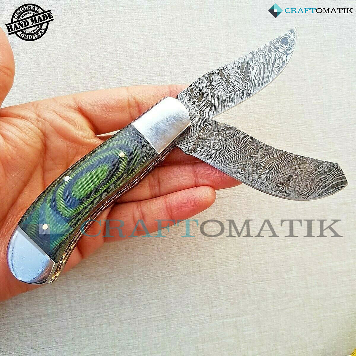 Two Blade Damascus Folding Knife | Pocket Knife Jack Knife | Micarta, Steel, Brass Pins Grip | Handmade Damascus Outdoor Camping Knife | FK18