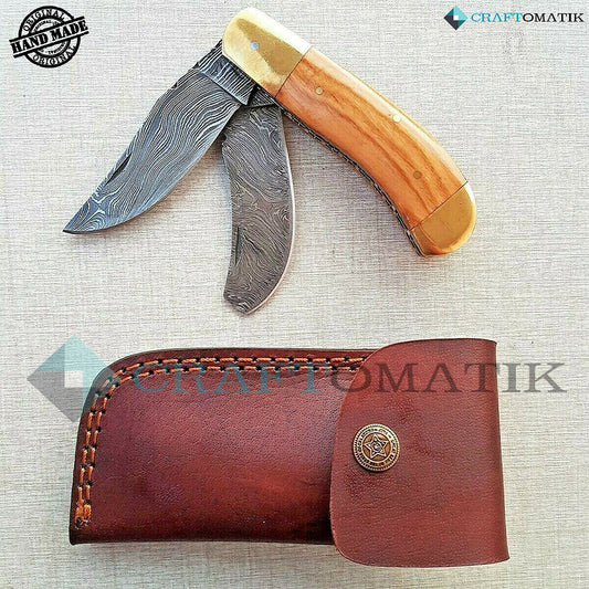 Two Blade Damascus Folding Knife | Pocket Knife Jack Knife | Rose Wood, Brass, Brass Pins Grip | Handmade Damascus Outdoor Camping Knife | FK19