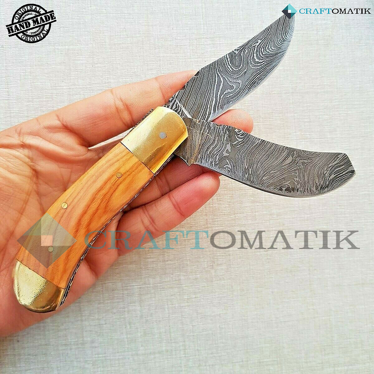 Two Blade Damascus Folding Knife | Pocket Knife Jack Knife | Rose Wood, Brass, Brass Pins Grip | Handmade Damascus Outdoor Camping Knife | FK19