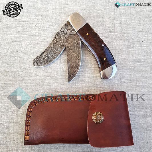 Two Blade Damascus Folding Knife | Pocket Knife Jack Knife | Ebony Wood, Steel, Brass Pins Grip | Handmade Damascus Outdoor Camping Knife | FK20