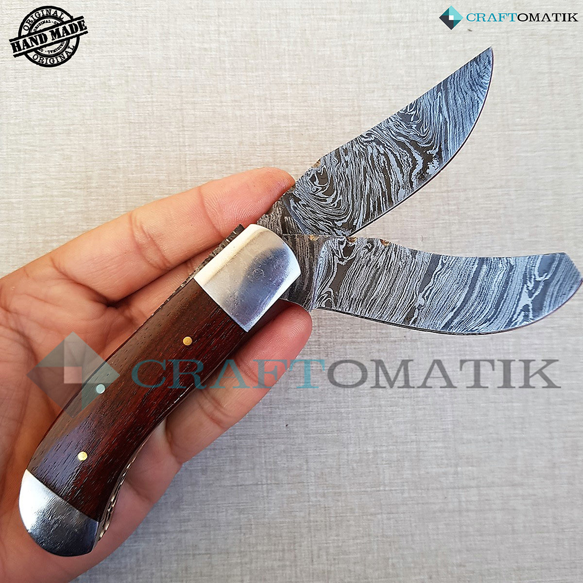 Two Blade Damascus Folding Knife | Pocket Knife Jack Knife | Ebony Wood, Steel, Brass Pins Grip | Handmade Damascus Outdoor Camping Knife | FK20