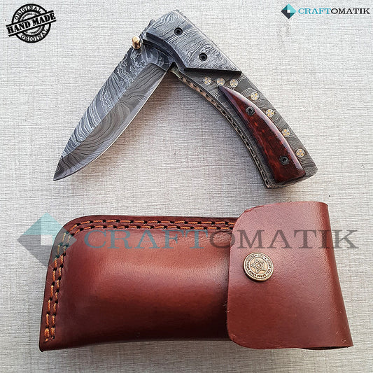 Elite Full Damascus Folding Knife | Pocket Knife Jack Knife | Damascus Steel, Rose Wood, Mosaic Pins Grip | Handmade Damascus Outdoor Camping Knife | FK21