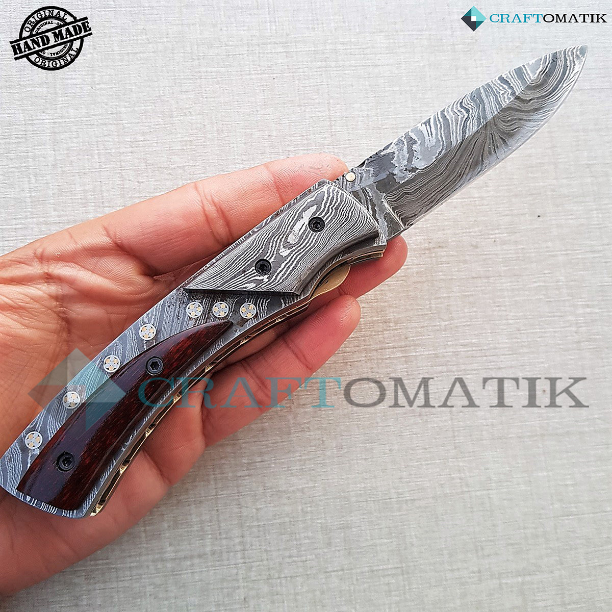 Elite Full Damascus Folding Knife | Pocket Knife Jack Knife | Damascus Steel, Rose Wood, Mosaic Pins Grip | Handmade Damascus Outdoor Camping Knife | FK21