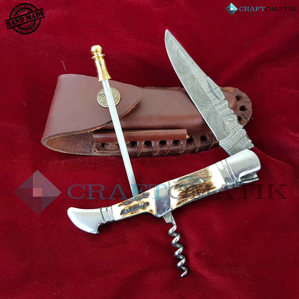 Laguiole Damascus Folding Knife | Pocket Knife Jack Knife | Deer Stag, Steel Grip with Cork Screw | Handmade Damascus Outdoor Camping Knife | FK22