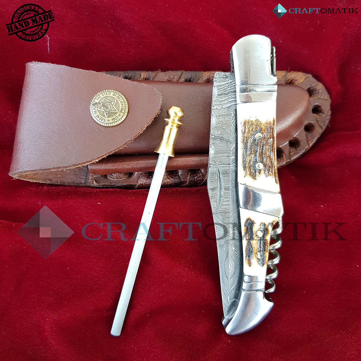 Laguiole Damascus Folding Knife | Pocket Knife Jack Knife | Deer Stag, Steel Grip with Cork Screw | Handmade Damascus Outdoor Camping Knife | FK22