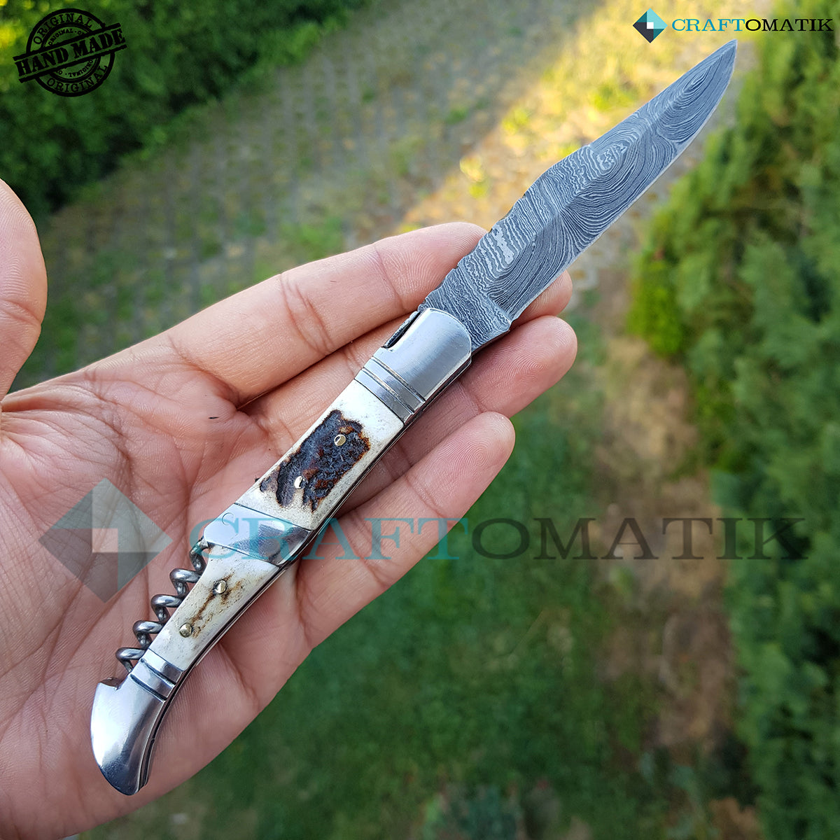 Laguiole Damascus Folding Knife | Pocket Knife Jack Knife | Deer Stag, Steel Grip with Cork Screw | Handmade Damascus Outdoor Camping Knife | FK22