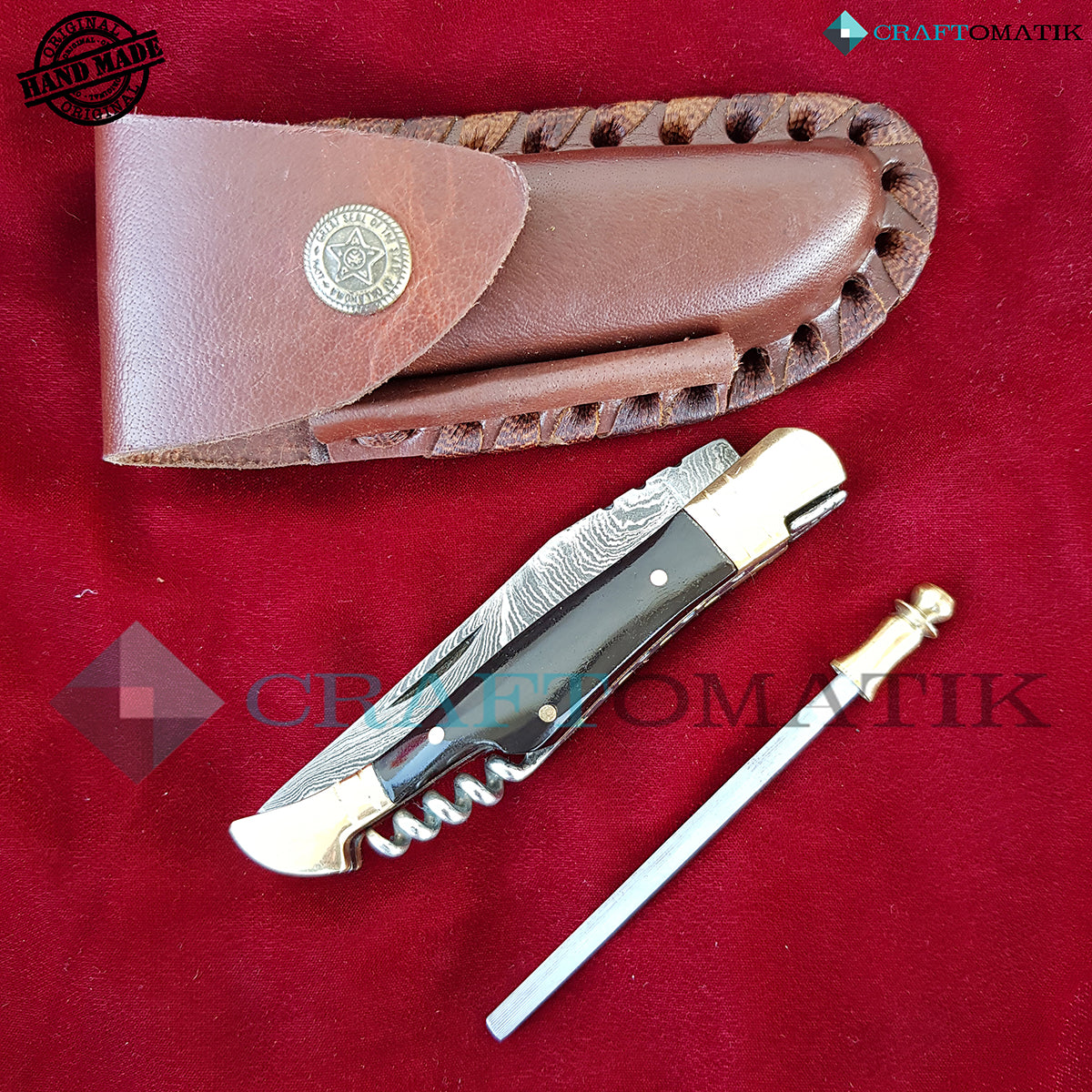 Laguiole Damascus Folding Knife | Pocket Knife Jack Knife | Buffalo Horn, Brass Grip with Cork Screw | Handmade Damascus Outdoor Camping Knife | FK23