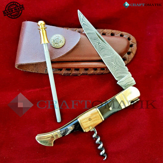 Laguiole Damascus Folding Knife | Pocket Knife Jack Knife | Buffalo Horn, Rose Wood, Brass Grip with Cork Screw | Handmade Damascus Outdoor Camping Knife | FK24