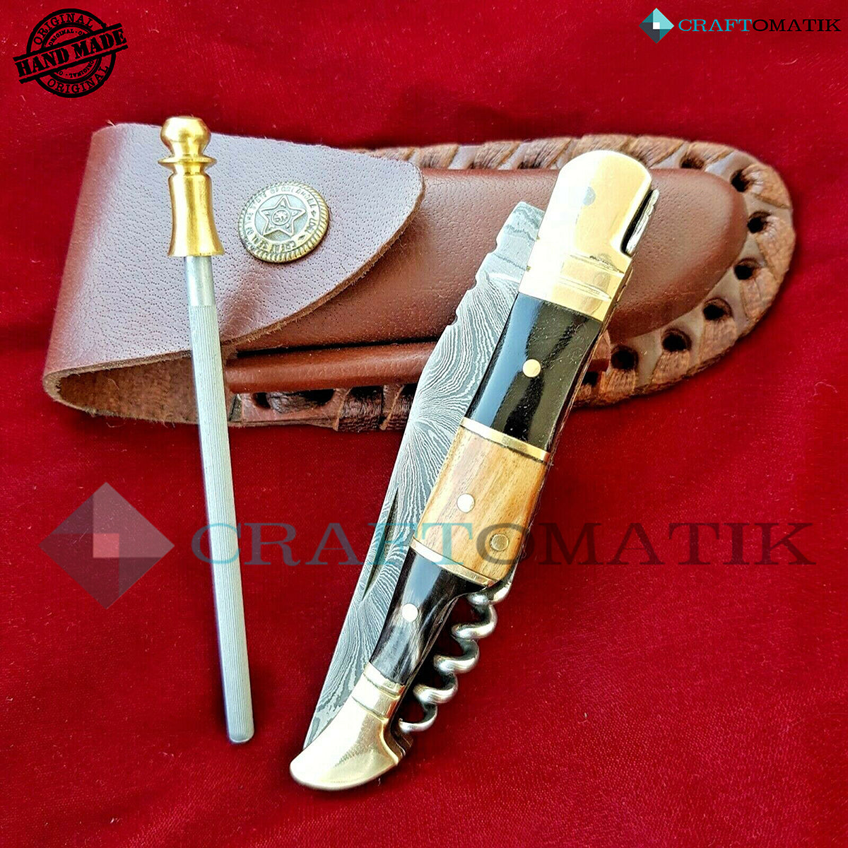 Laguiole Damascus Folding Knife | Pocket Knife Jack Knife | Buffalo Horn, Rose Wood, Brass Grip with Cork Screw | Handmade Damascus Outdoor Camping Knife | FK24